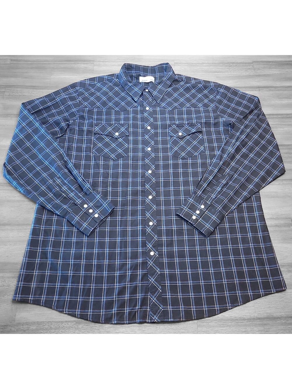 Wrangler Men’s 2XL Blue Plaid Pearl Snap Western Shirt Rodeo Style EUC
